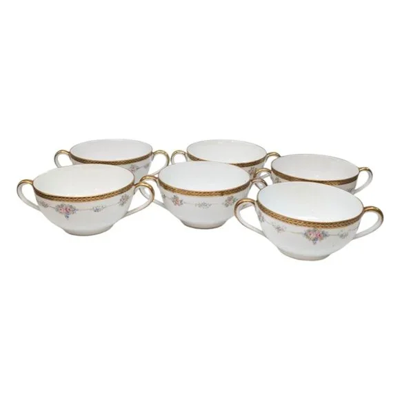 Antique Noritake M Bouillon Cup LOT OF 6 Roses Gold Encrusted N224 Double Handle